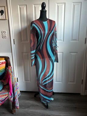 KIZN Turquoise & Brown Sheer Long Sleeve Maxi Dress